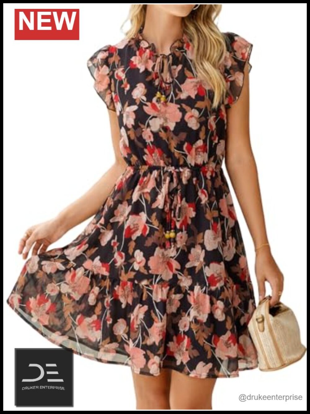 Ruffle Short Sleeve V Neck A-line Mini Dress with Pockets and Drawstring